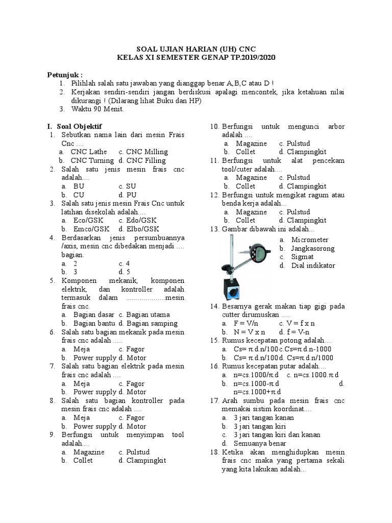 Soal Ujian Harian Cnc Kelas Xi Sem Genap 19 20