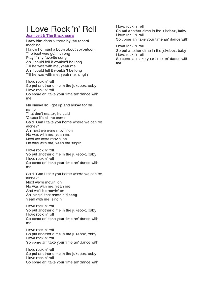 Lyrics I Love Rock N Roll PDF Entertainment (General)