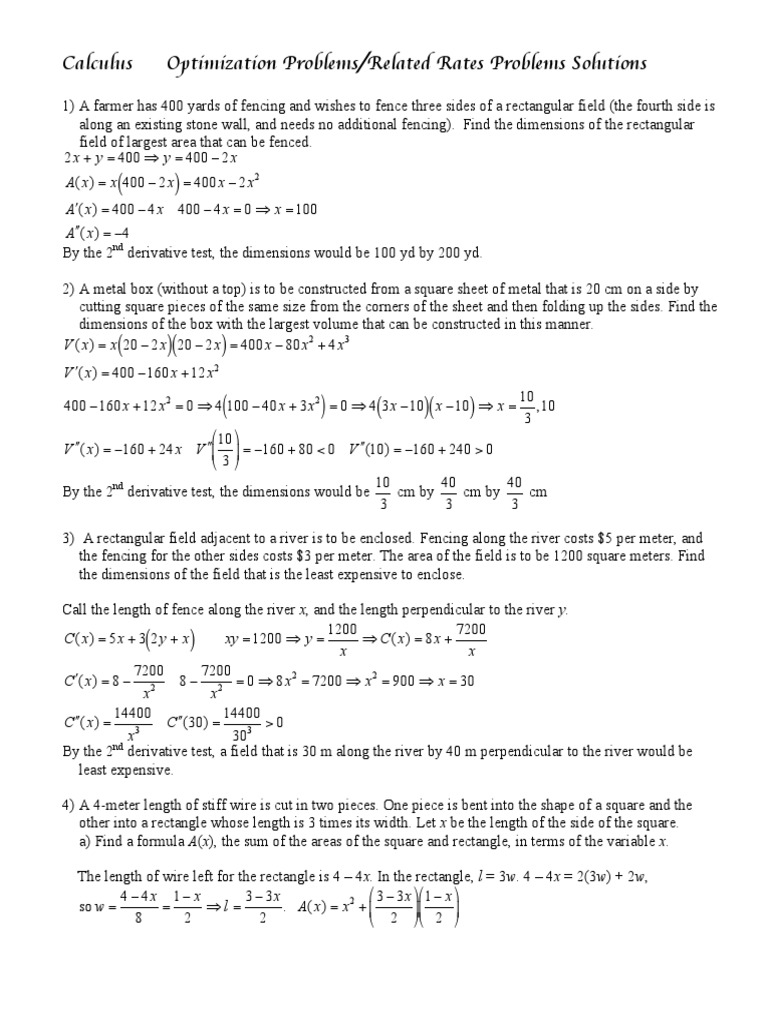 Calculus Optimization Problems Solutions | PDF | Area | Rectangle