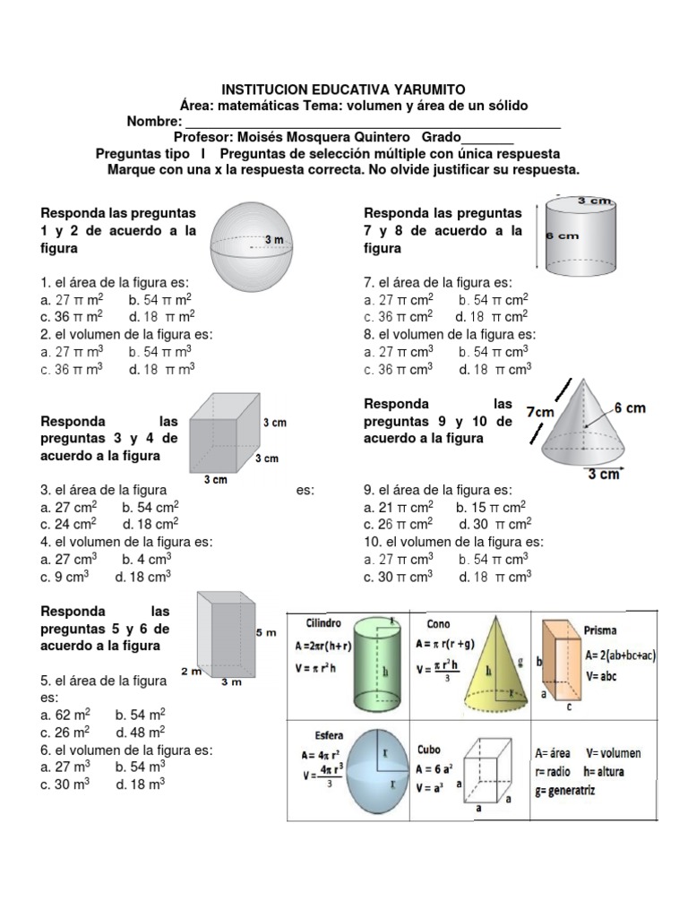 Taller Area Y Volumen De Solido Pdf