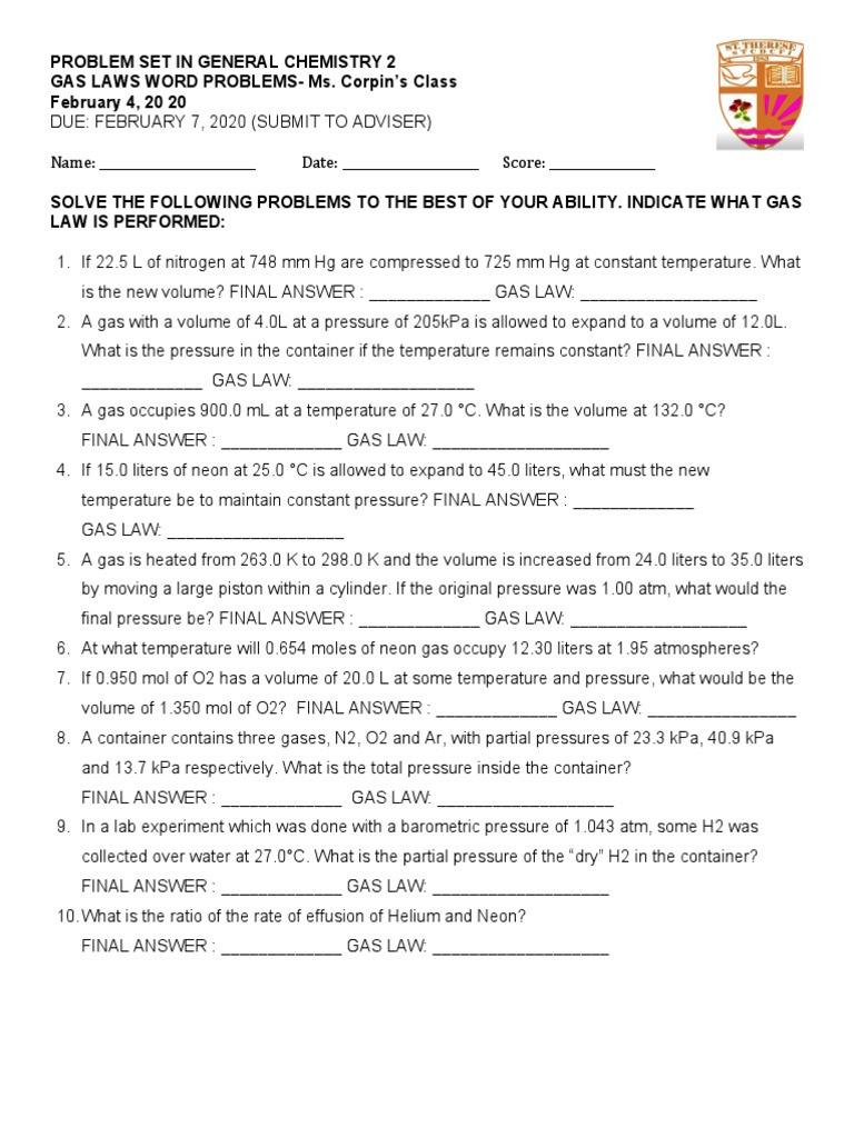 Gas Laws Problem Set for Chemistry | PDF