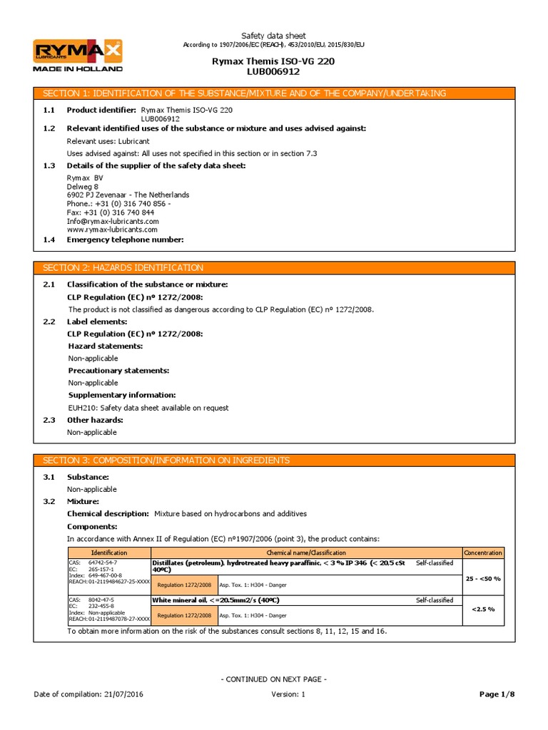 Analysis of Safety Data Sheet for Rymax Themis ISOVG 220 Lubricant