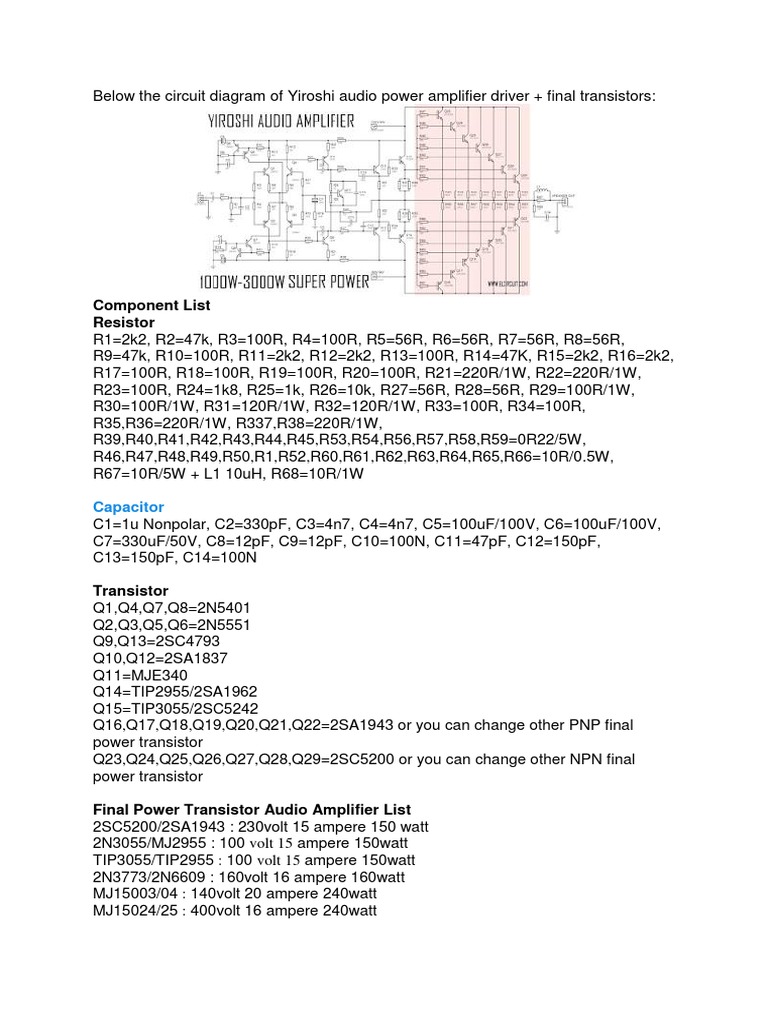 Below The Circuit Diagram of Yiroshi Audio Power Amplifier Driver | PDF