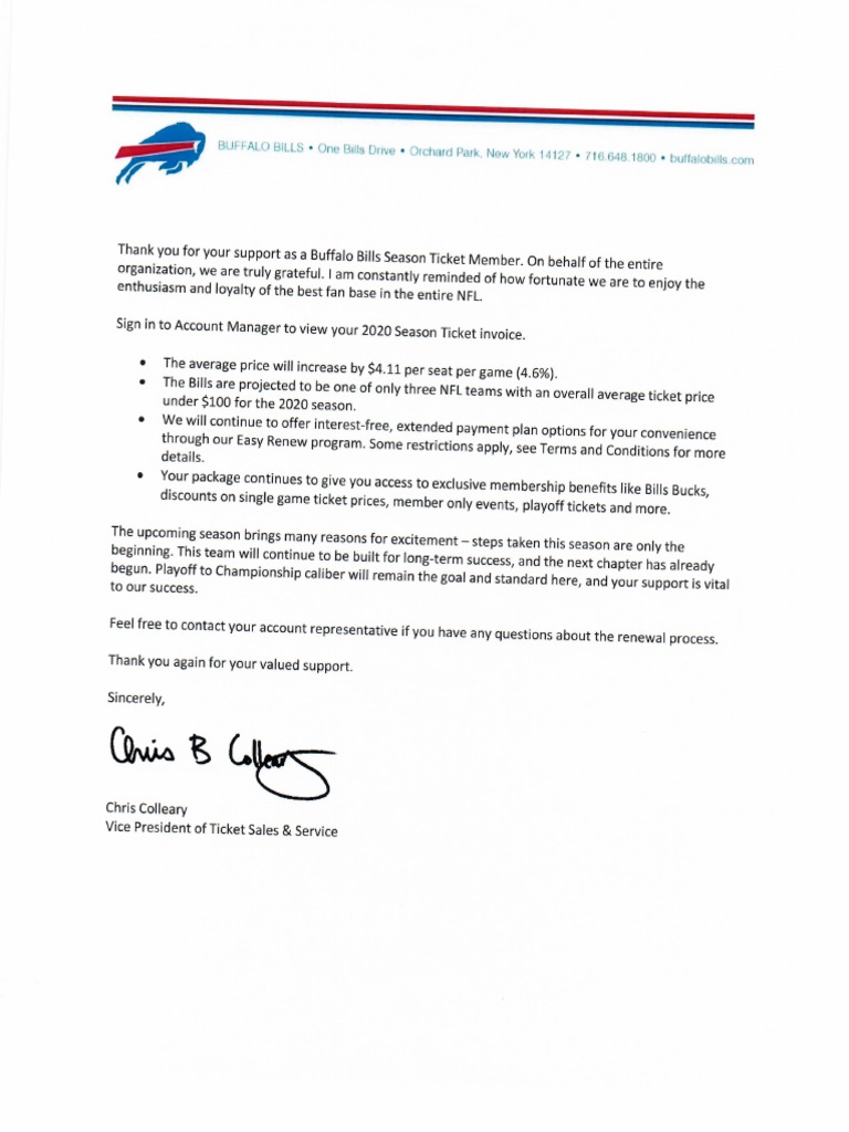Buffalo Bills Letter To Season Ticket Holders