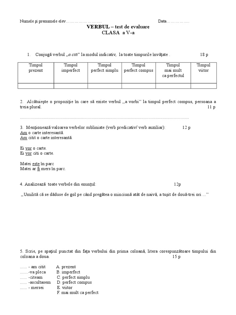 0 Test Verbul Cls 5 | PDF