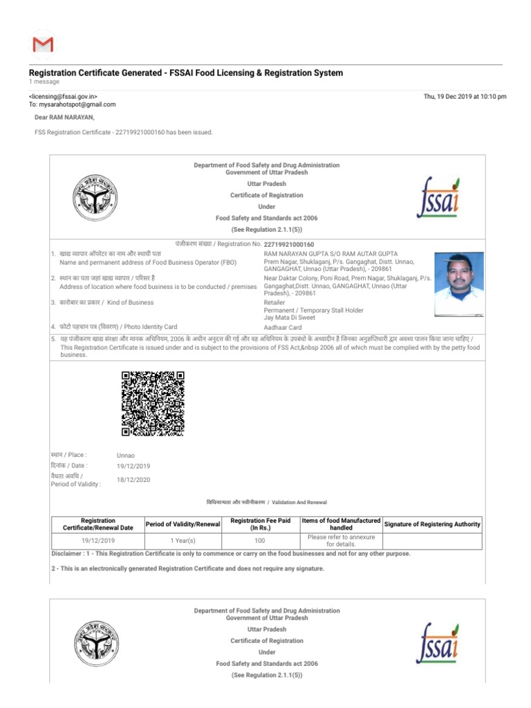 Gmail Registration Certificate Generated FSSAI Food Licensing