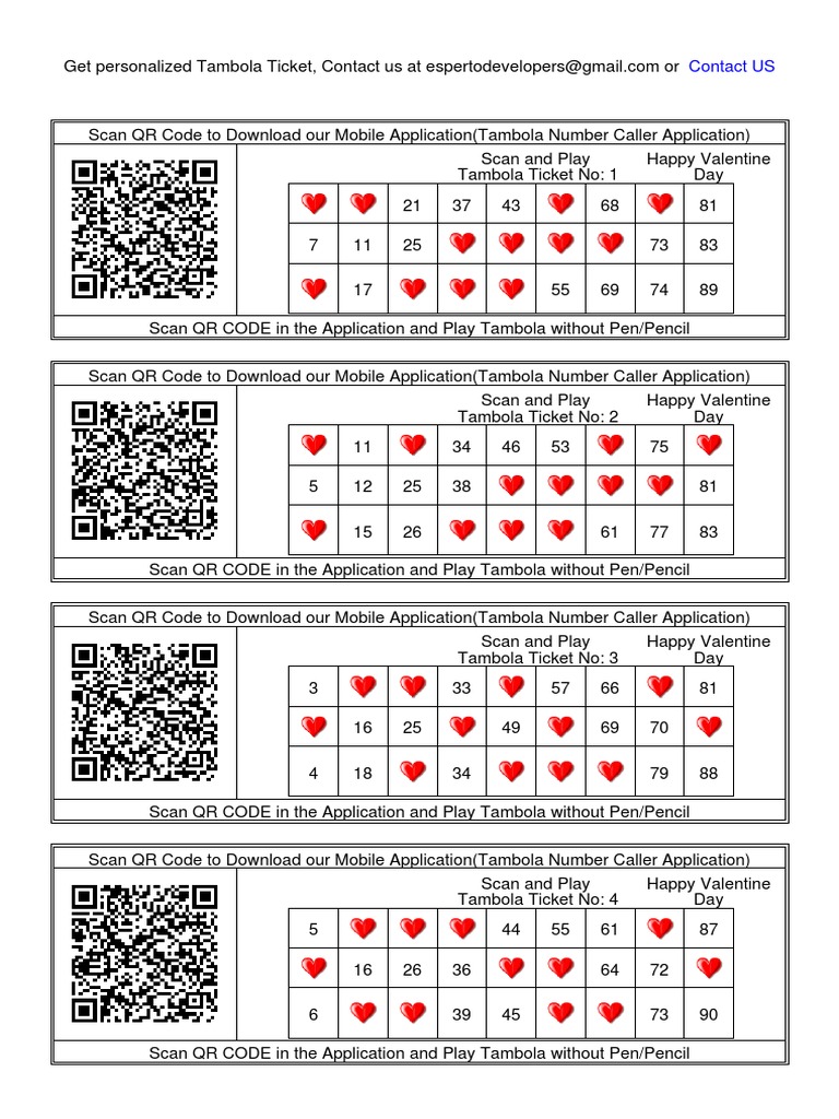 100+ Tambola Tickets Printable FREE (Valentine Theme) | PDF | Qr Code ...
