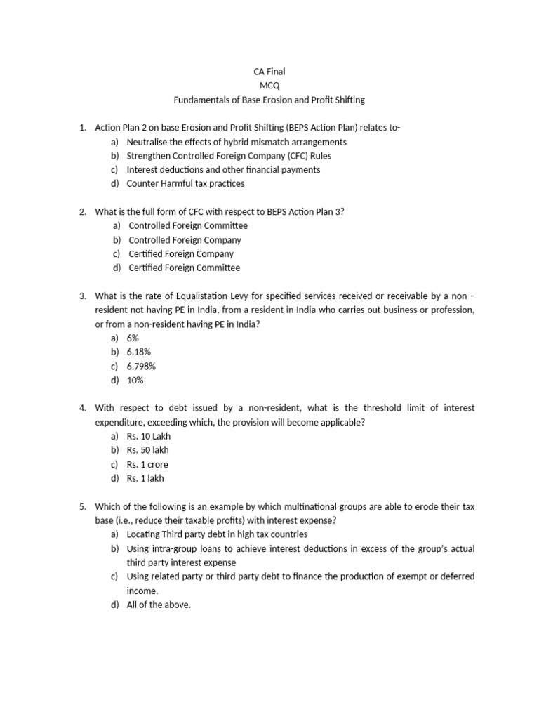 MCQ CA Final Fundamentals of Base Erosion and Profit Shifting PDF
