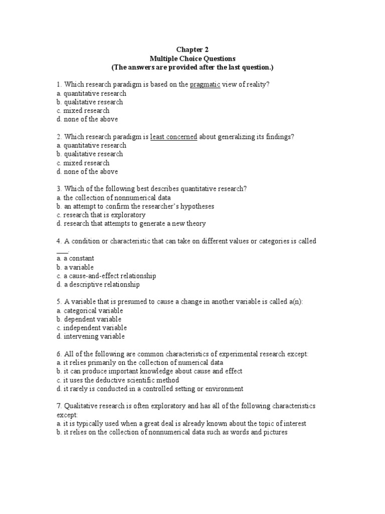 Research Methods MCQs 2 PDF Experiment Qualitative Research