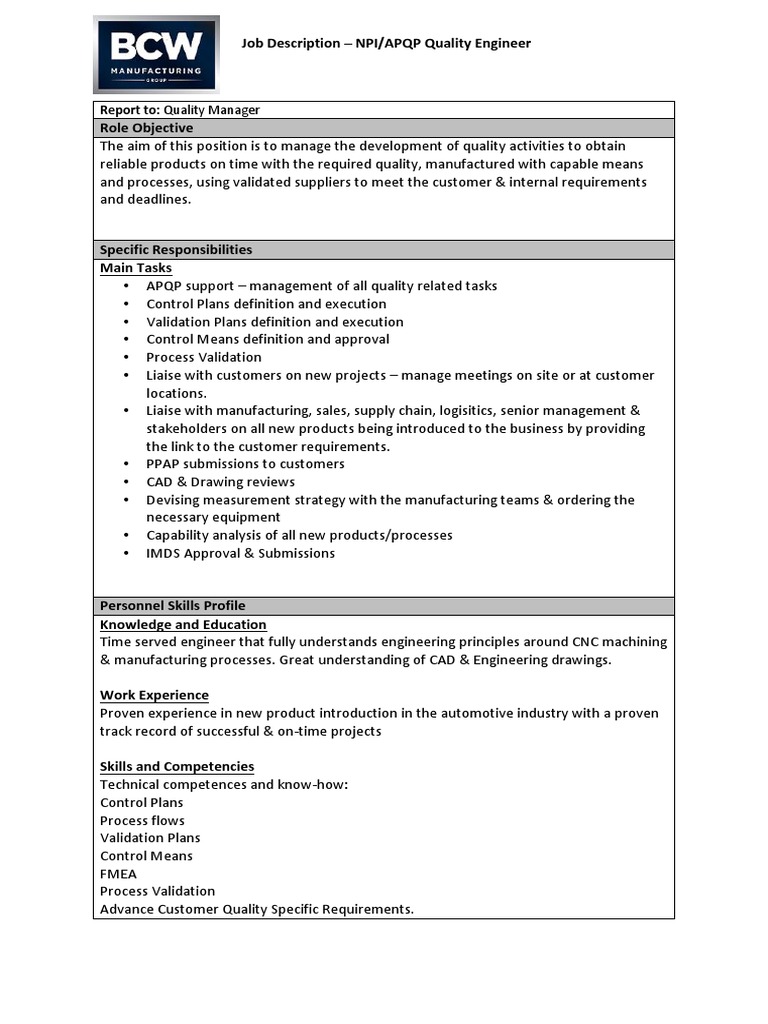 NPI Quality Engineer Role Profile PDF Verification And Validation Engineering
