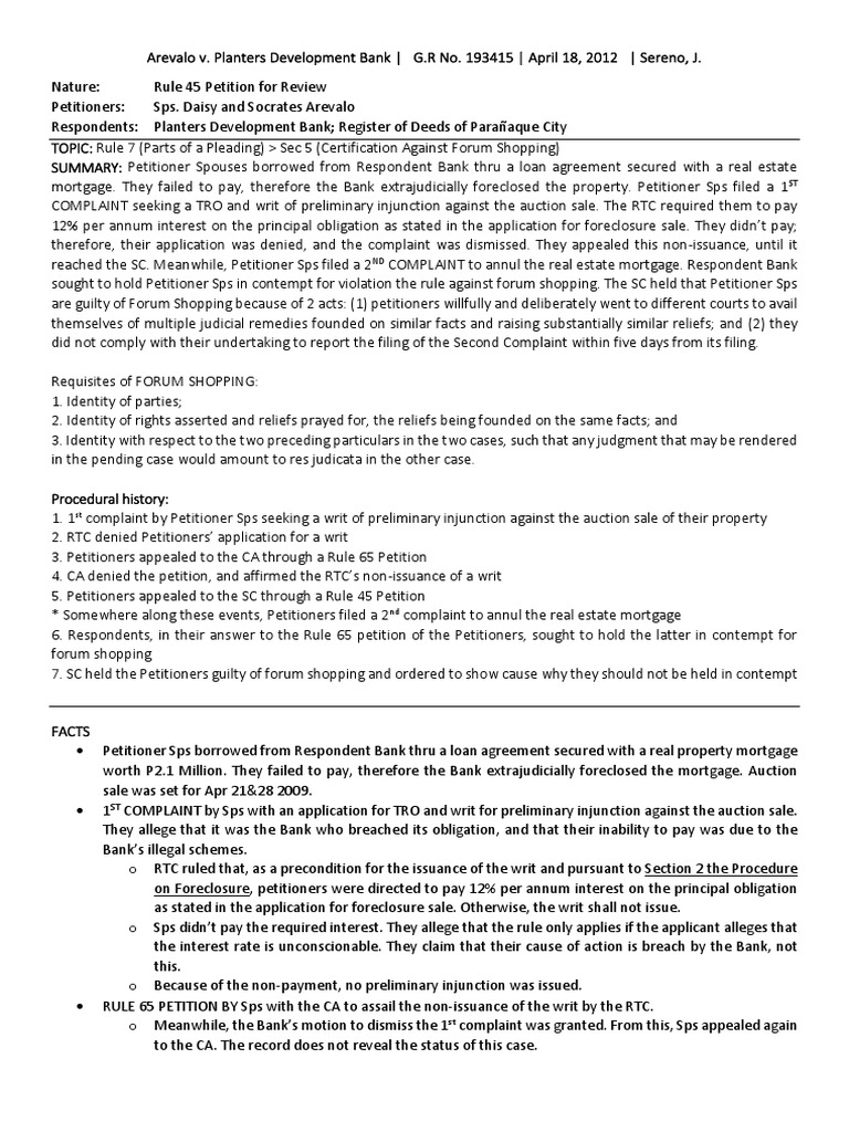 Arevalo v. Planters Development Bank PDF Foreclosure Complaint