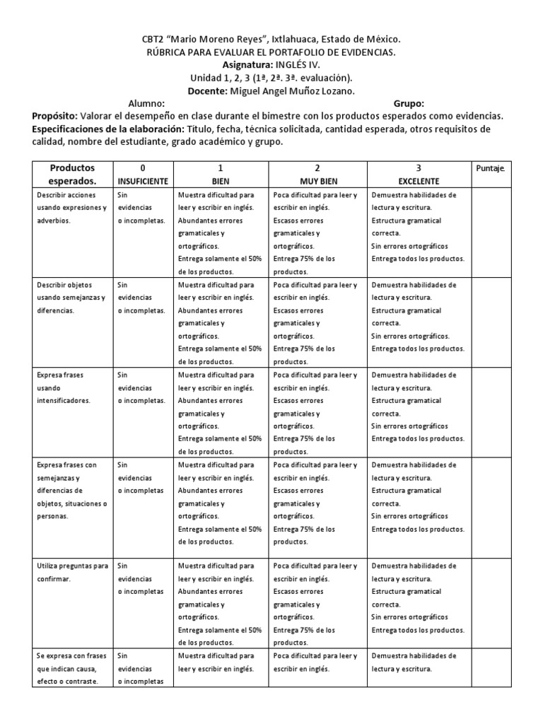 Rubrica de Ingles Iv PDF Idioma en Inglés Lingüística