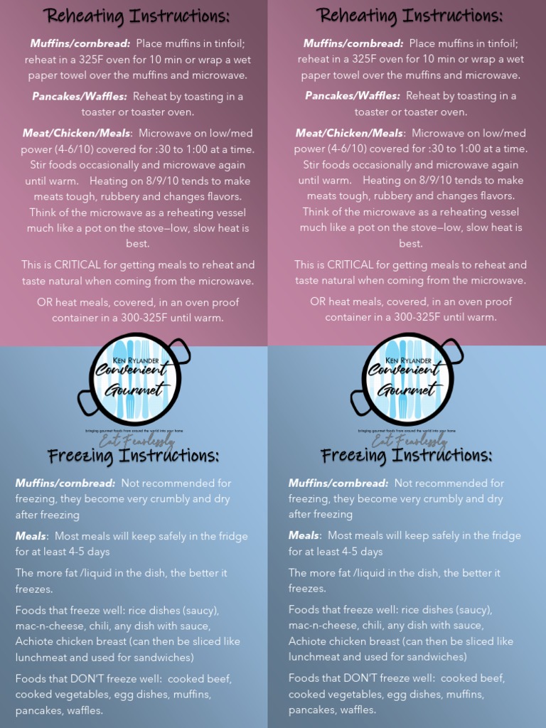 Reheat Instructions | PDF | Meal | Oven