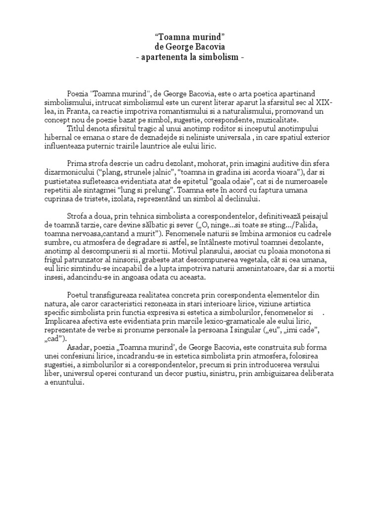 Toamna murind de George Bacovia - comentariu