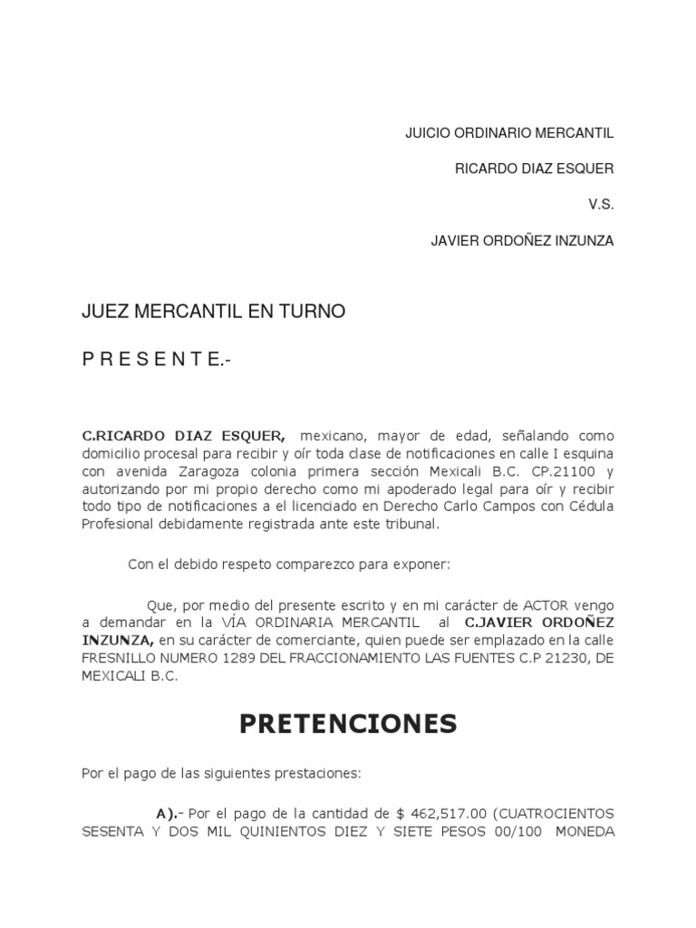 Demanda de Juicio Mercantil | PDF | Gobierno | Agitación