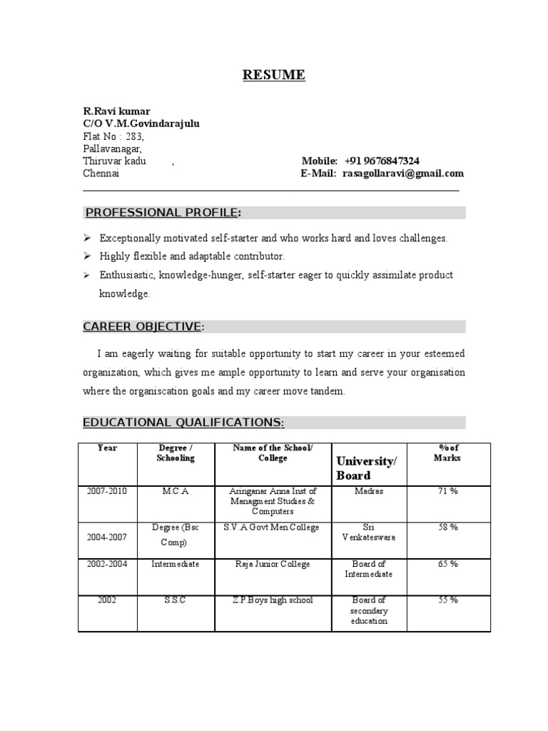 Resume: R.Ravi Kumar C/O V.M.Govindarajulu | PDF
