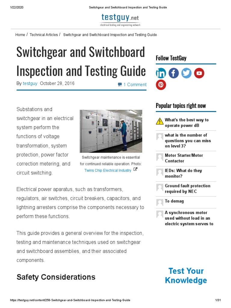 Switchgear and Switchboard Testing Guide | PDF | Transformer ...