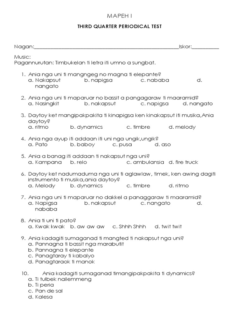 3rd Periodical Test Mapeh Pdf