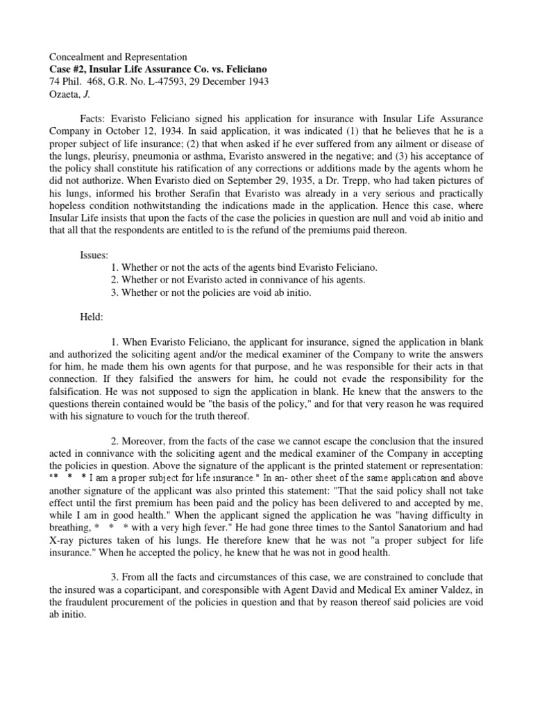 Concealment and Rep, Insular Life v. Feliciano PDF Life Insurance