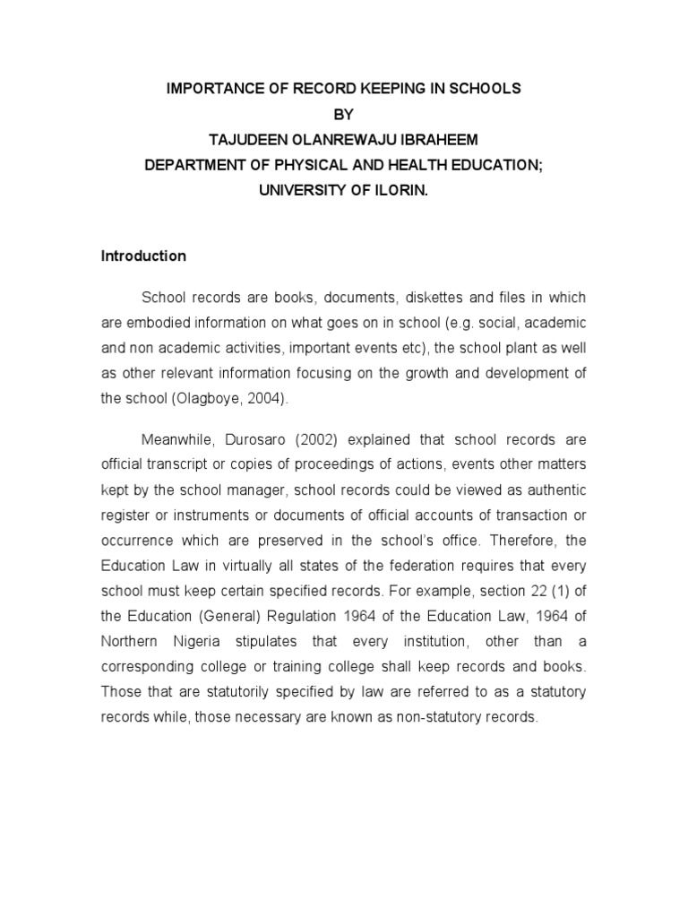 Importance of Record Keeping in Schools PDF Head Teacher Teachers