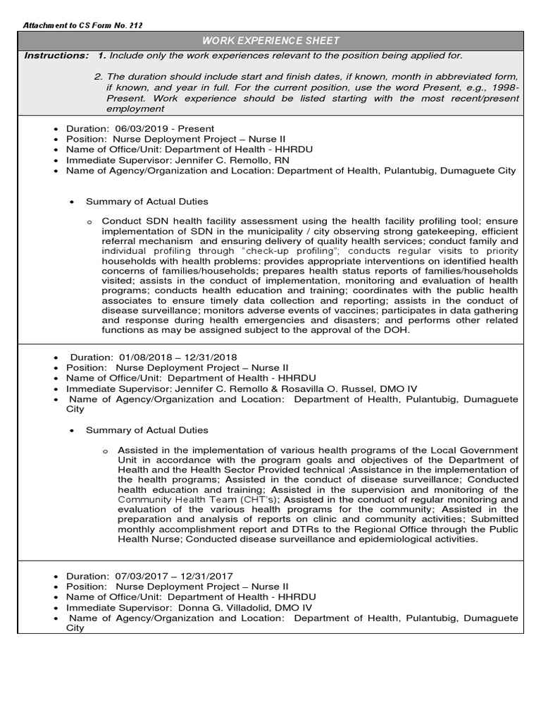A Summary of Public Health Work Experience in the Department of Health ...