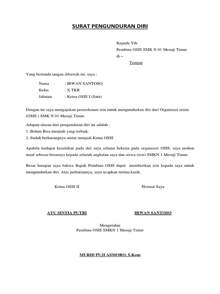 Surat Pengunduran Diri Osis | PDF