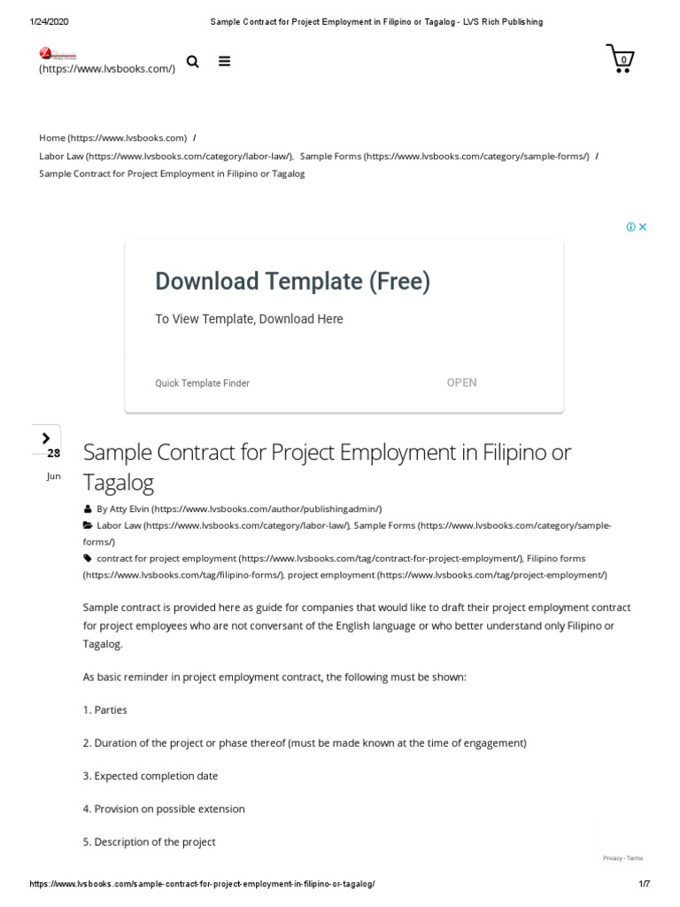 Sample Contract for Project Employment in Filipino or Tagalog LVS