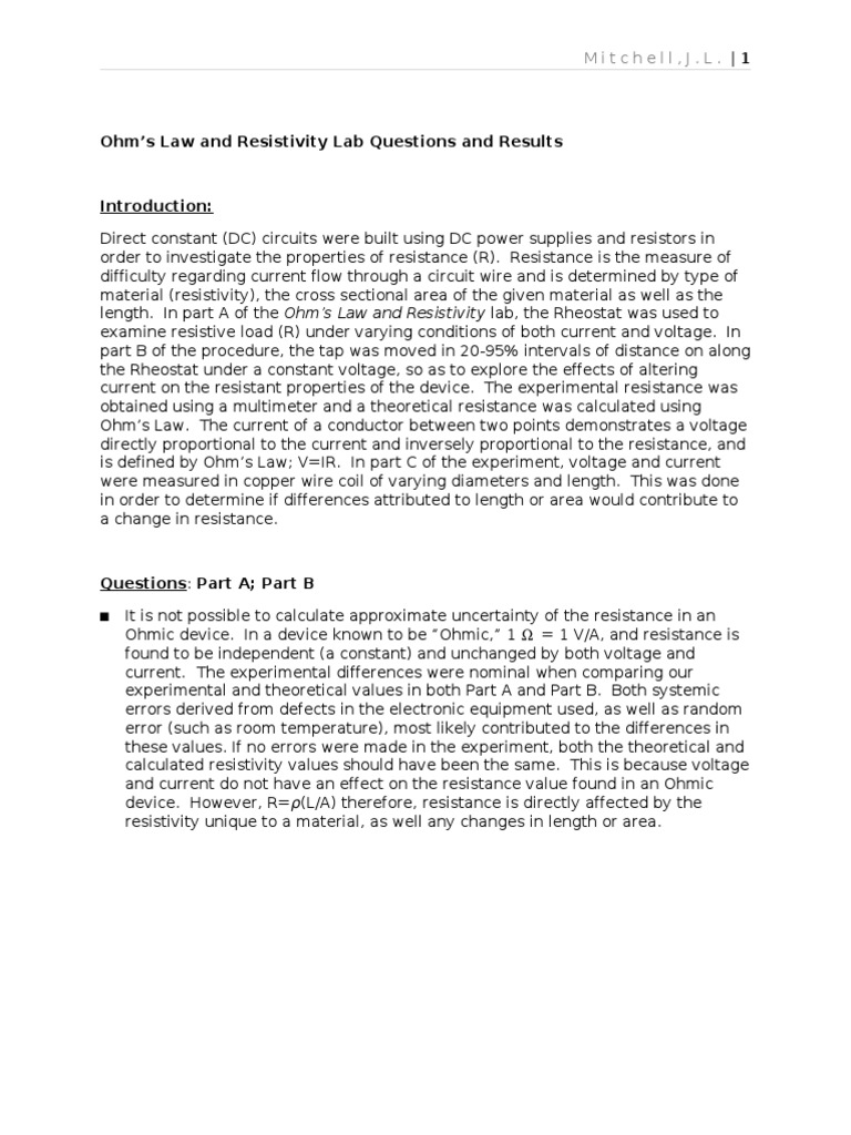 Ohm's Law Lab Report Electrical Resistance And Conductance