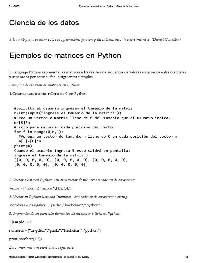 Ejemplos de Matrices en Python - Ciencia de Los Datos | PDF ...