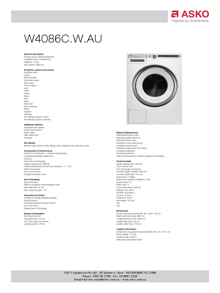 W4086C.W Asko Specifications Sheet PDF Washing Machine