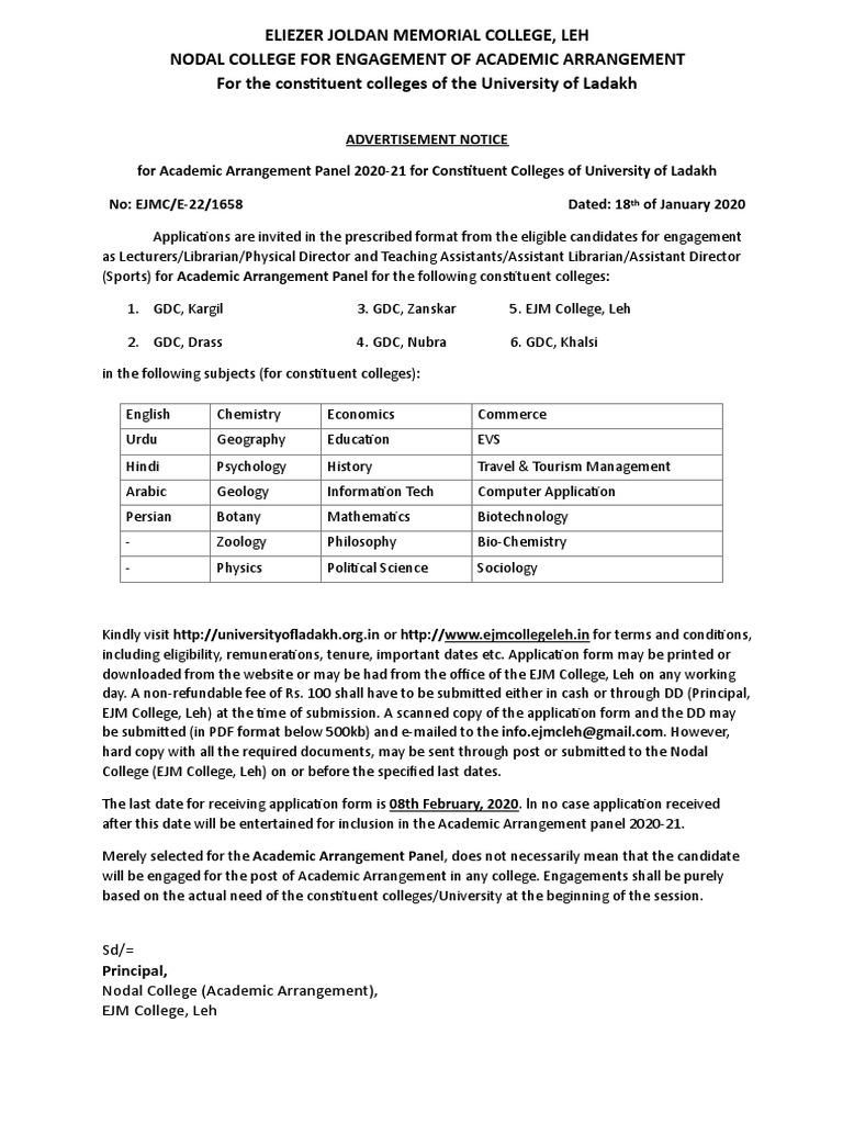 Extension of last date for online application for various contractual  positions in University of Ladakh.