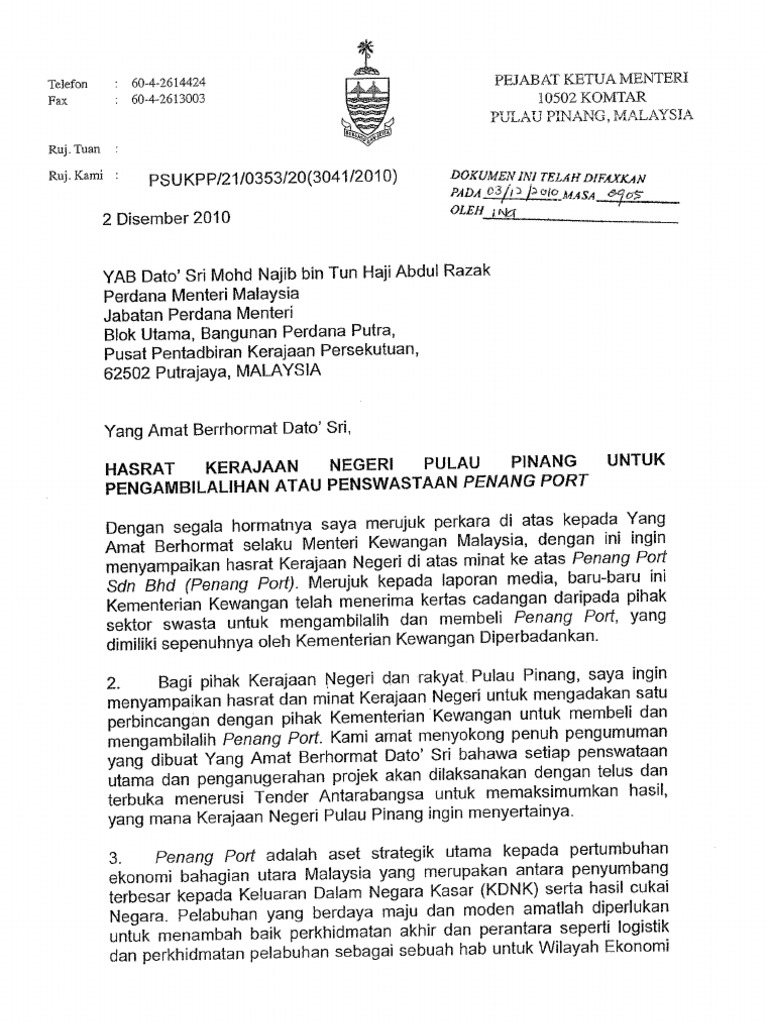 Surat Dari Ketua Menteri Kepada Perdana Menteri