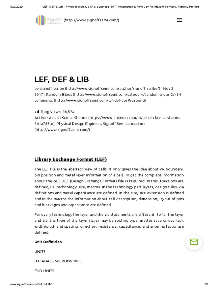 LEF, DEF & LIB Physical Design, STA & Synthesis, DFT, Automation