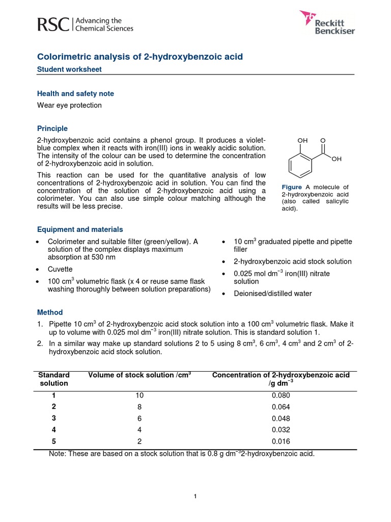 2 Hydroxybenzoic Acid Colorimetry Assay Student PDF PDF Physical