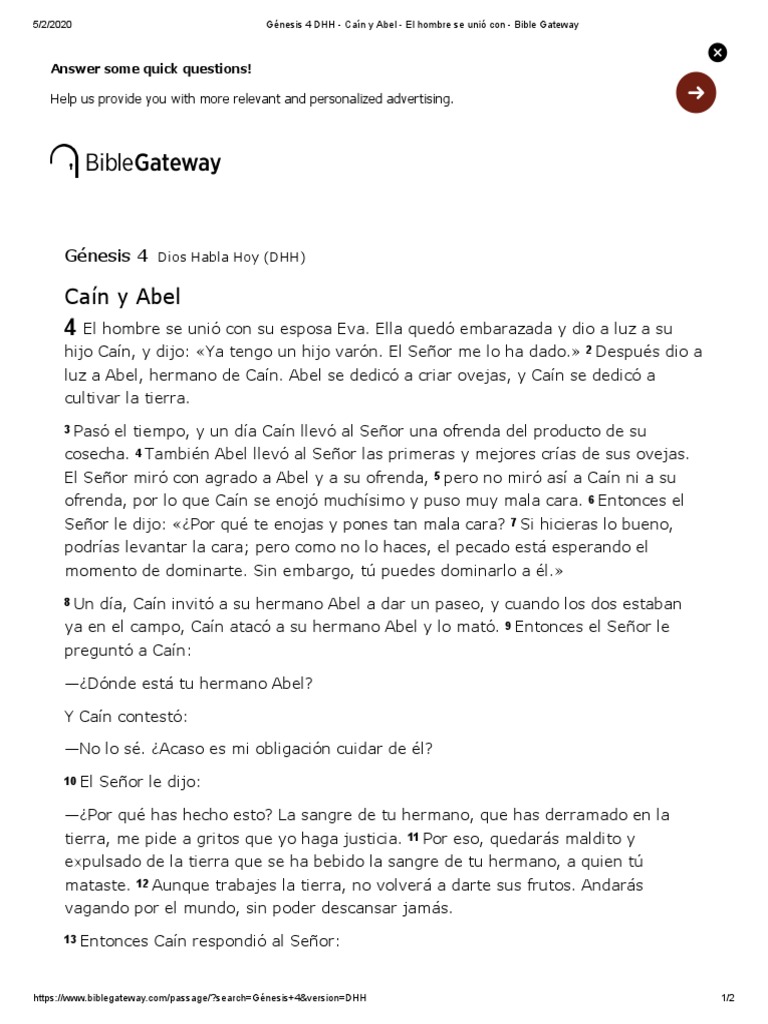 Génesis 4 DHH - Caín y Abel - El Hombre Se Unió Con - Bible Gateway ...