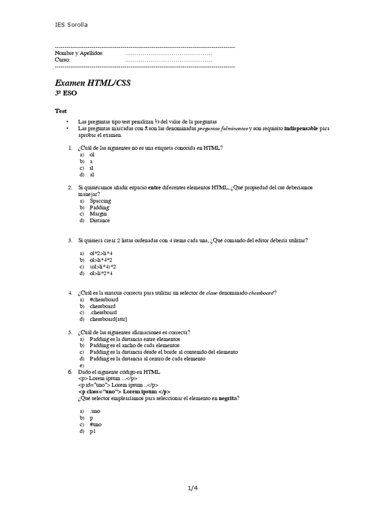 Examen HTML-CSS-2019 | PDF | Hojas de estilo en cascada | HTML