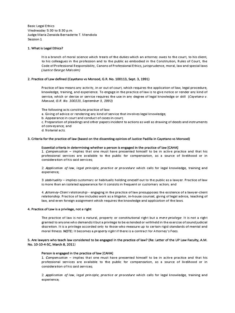 Legal Ethics Session 1 Judge Mendiola PDF Pro Se Legal Representation In The United States