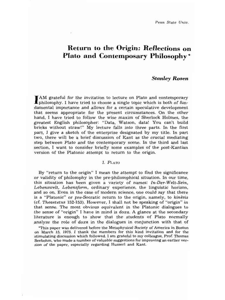 Stanley Rosen, Return To The Origin: Reflections On Plato and ...