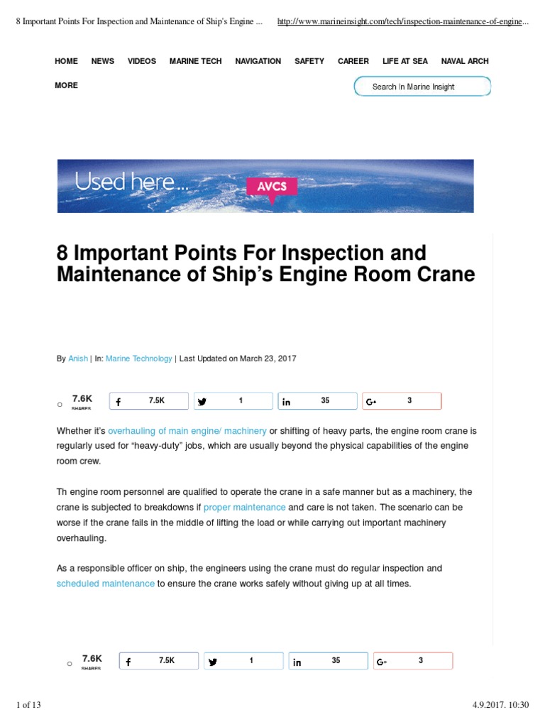 Engine Room Crane Maintenance Guide | PDF | Bearing (Mechanical ...