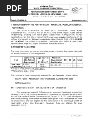 Notification FCI 2017 18 - Various Posts PDF | PDF | Payments 