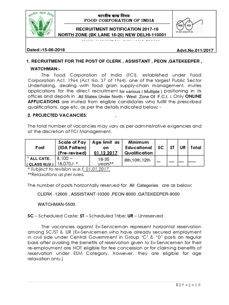 Notification FCI 2017 18 - Various Posts PDF | PDF | Payments 