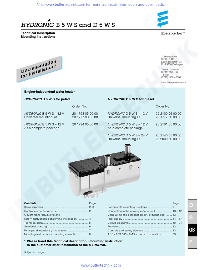 Eberspacher22 Heater Hydronic D5WS Technical Manual | PDF.