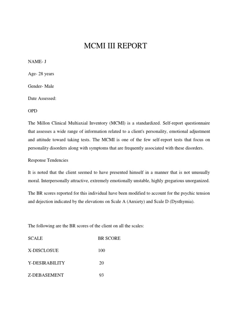 MCMI III Report: Personality Assessment | PDF | Anxiety | Antisocial ...