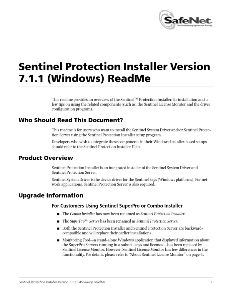 Sentinel Protection Installer Version 7.1.1 (Windows) ReadMe | PDF
