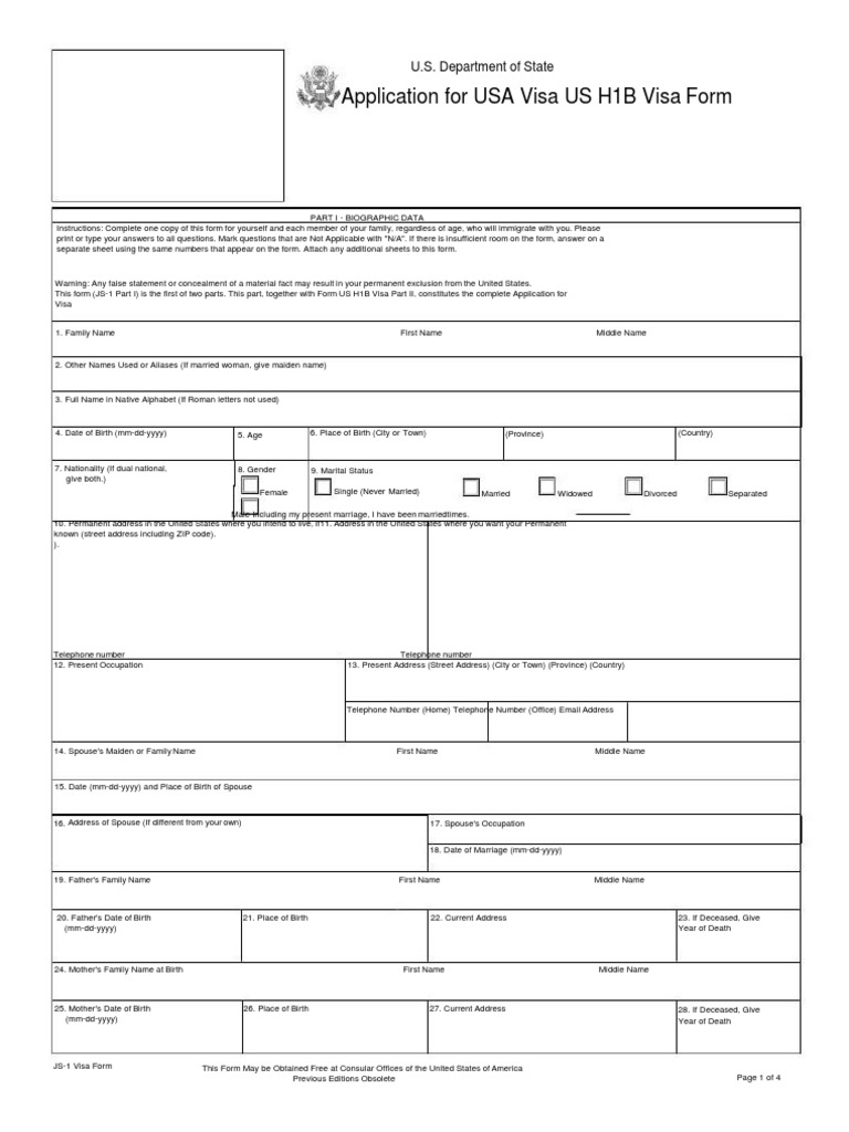 US H1B Visa Application Form PDF Social Security Number Travel Visa