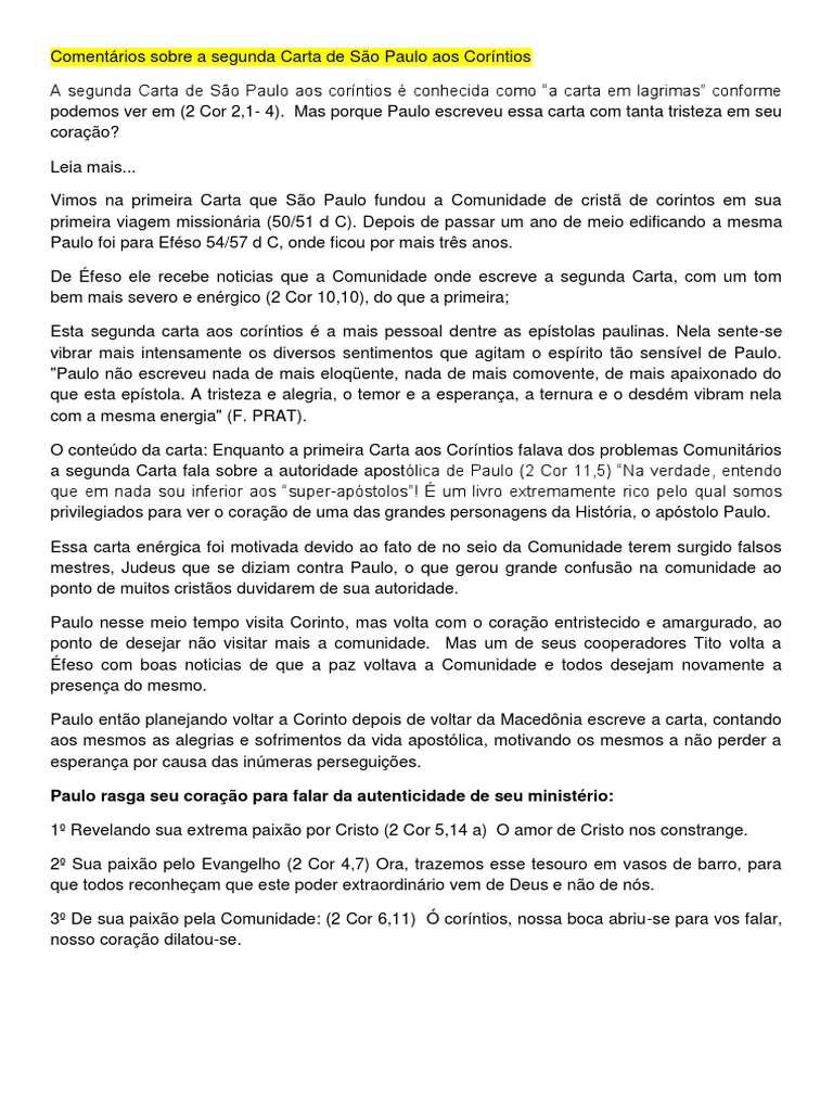 Comentários Sobre A Segunda Carta de São Paulo Aos Coríntios | PDF ...