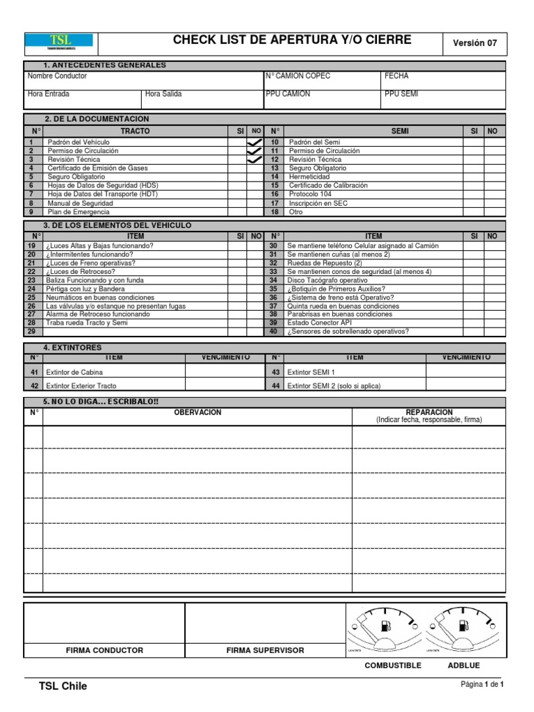 FR-PRP-02 - Check List de Aperta o Cierrer TSL V7 | PDF | Vehículo de ...