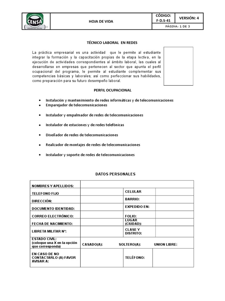 F-D.S-041 Hoja de Vida Redes | PDF | Telecomunicación | Red de computadoras