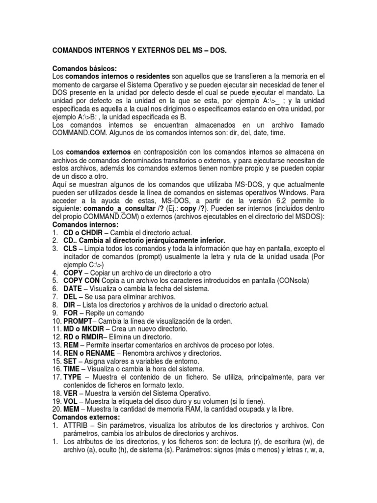 Comandos Internos y Externos de MS-DOS | PDF | Datos de computadora ...