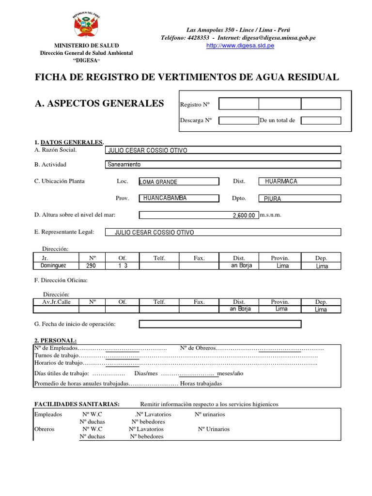 Ficha de Registro de Vertimientos Perú | PDF | Aguas residuales | Agua